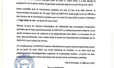 RDC-ESU: En colère contre M.Nzangi, les professeurs d'universités accélèrent la pression et entrent en grève ce jeudi(Communiqué)