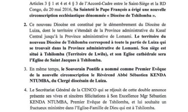 Religion : Le pape François crée un nouveau diocèse en RDC et hisse l'abbé Sébastien à sa tête