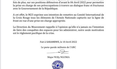 Nord-kivu : Les M23 se retirent des positions nouvellement conquises et appellent à un cessez-le-feu en attendant le dialogue (Communiqué)