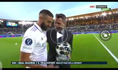 Foot: Benzema reçoit le trophée de meilleur joueur de la saison en Ligue des Champions (Vidéo)