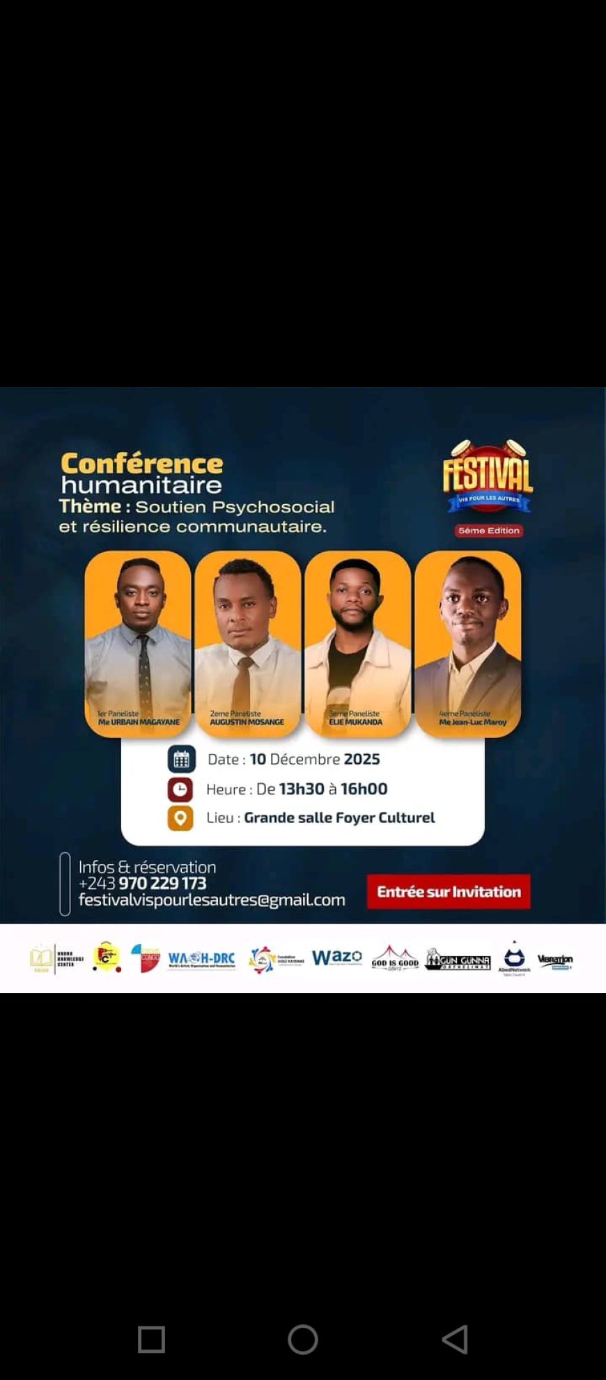 5eme édition Festival Vis pour les autres : une conférence Humanitaire se tiendra ce mercredi 10 décembre au Foyer culturel de Goma