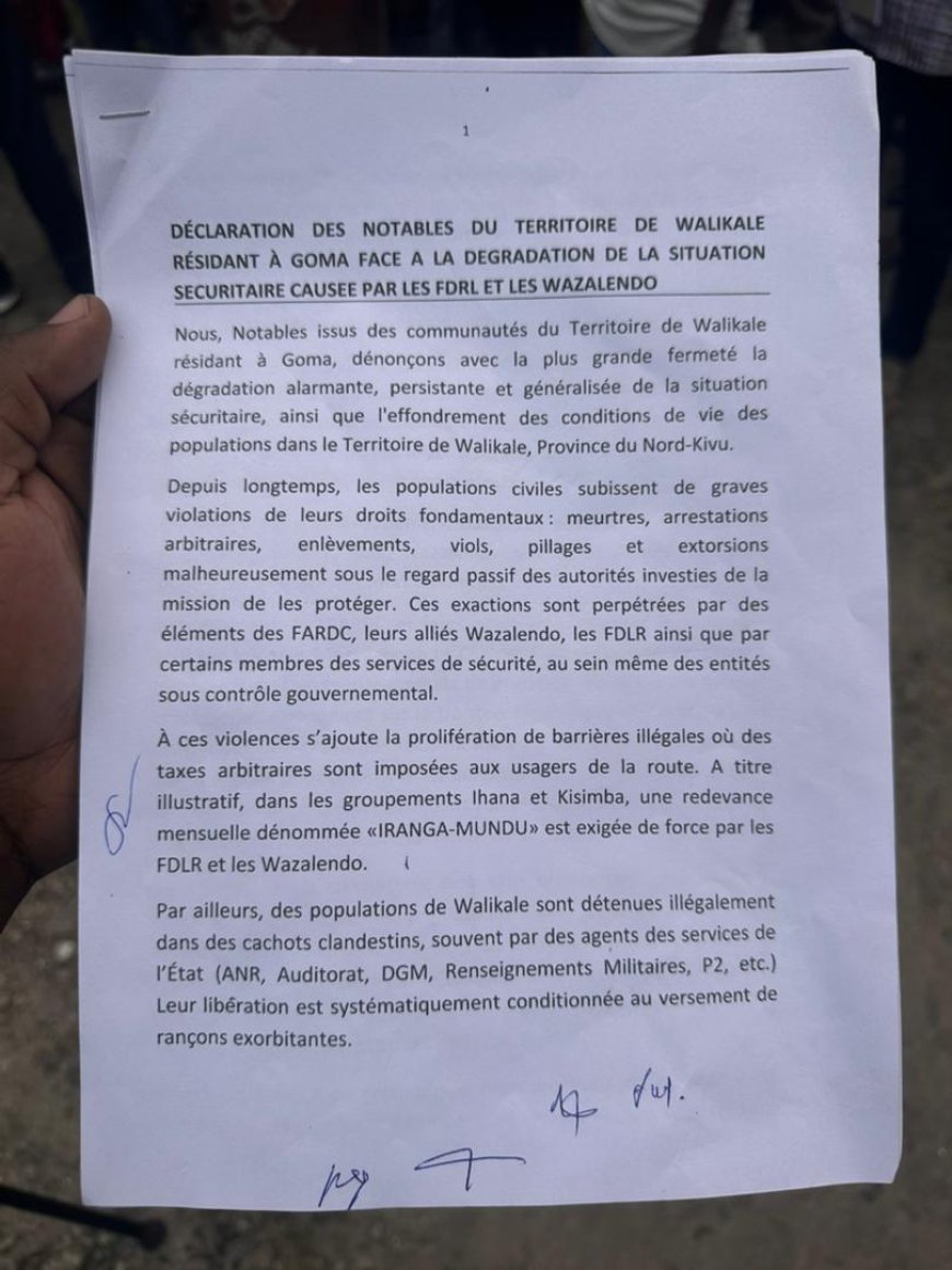 Crise sécuritaire à Walikale : les notables accusent FDLR, Wazalendo et certaines forces étatiques (déclaration)