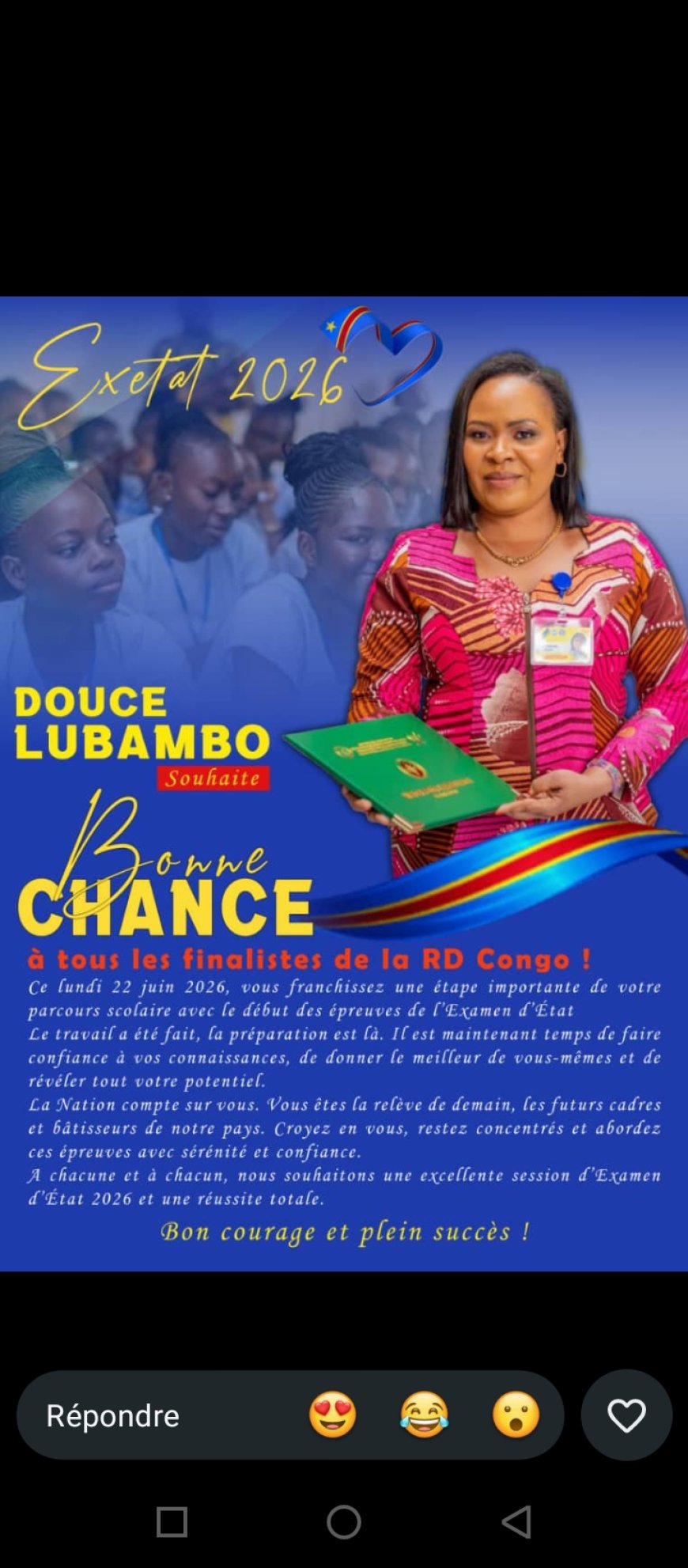 Exetat 2026 : Honorable Douce Lubambo encourage les finalistes de la RDC et leur souhaite plein succès