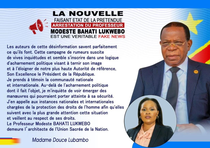 RDC : Douce Lubambo dénonce une « fake news » sur la prétendue arrestation du Professeur Modeste Bahati Lukwebo
