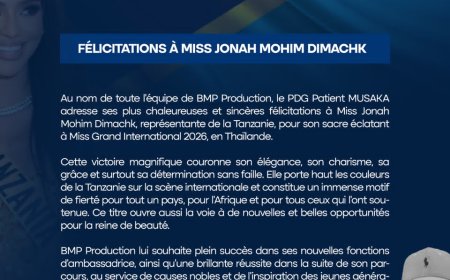 Miss Grand International 2026 : Patient Musaka et BMPP Production félicitent la reine de beauté tanzanienne Jonah Mohim Dimachk