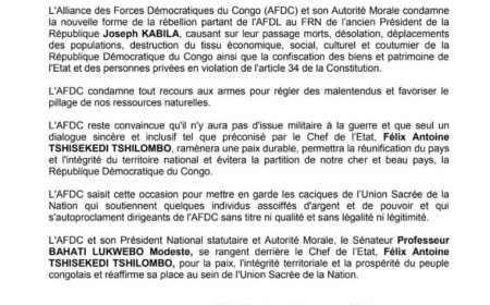 SITUATION POLITIQUE ET SÉCURITAIRE :  JUSTIN NGAKWIRAKI SOUTIENT LA POSITION DE L’AFDC ET LE LEADERSHIP DU PROFESSEUR MODESTE BAHATI LUKWEBO