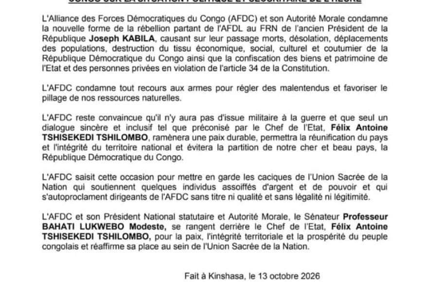 SITUATION POLITIQUE ET SÉCURITAIRE :  JUSTIN NGAKWIRAKI SOUTIENT LA POSITION DE L’AFDC ET LE LEADERSHIP DU PROFESSEUR MODESTE BAHATI LUKWEBO