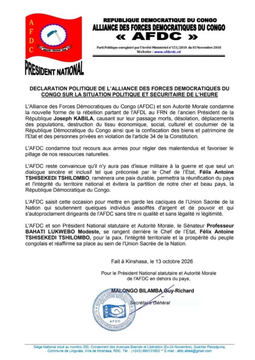SITUATION POLITIQUE ET SÉCURITAIRE :  JUSTIN NGAKWIRAKI SOUTIENT LA POSITION DE L’AFDC ET LE LEADERSHIP DU PROFESSEUR MODESTE BAHATI LUKWEBO